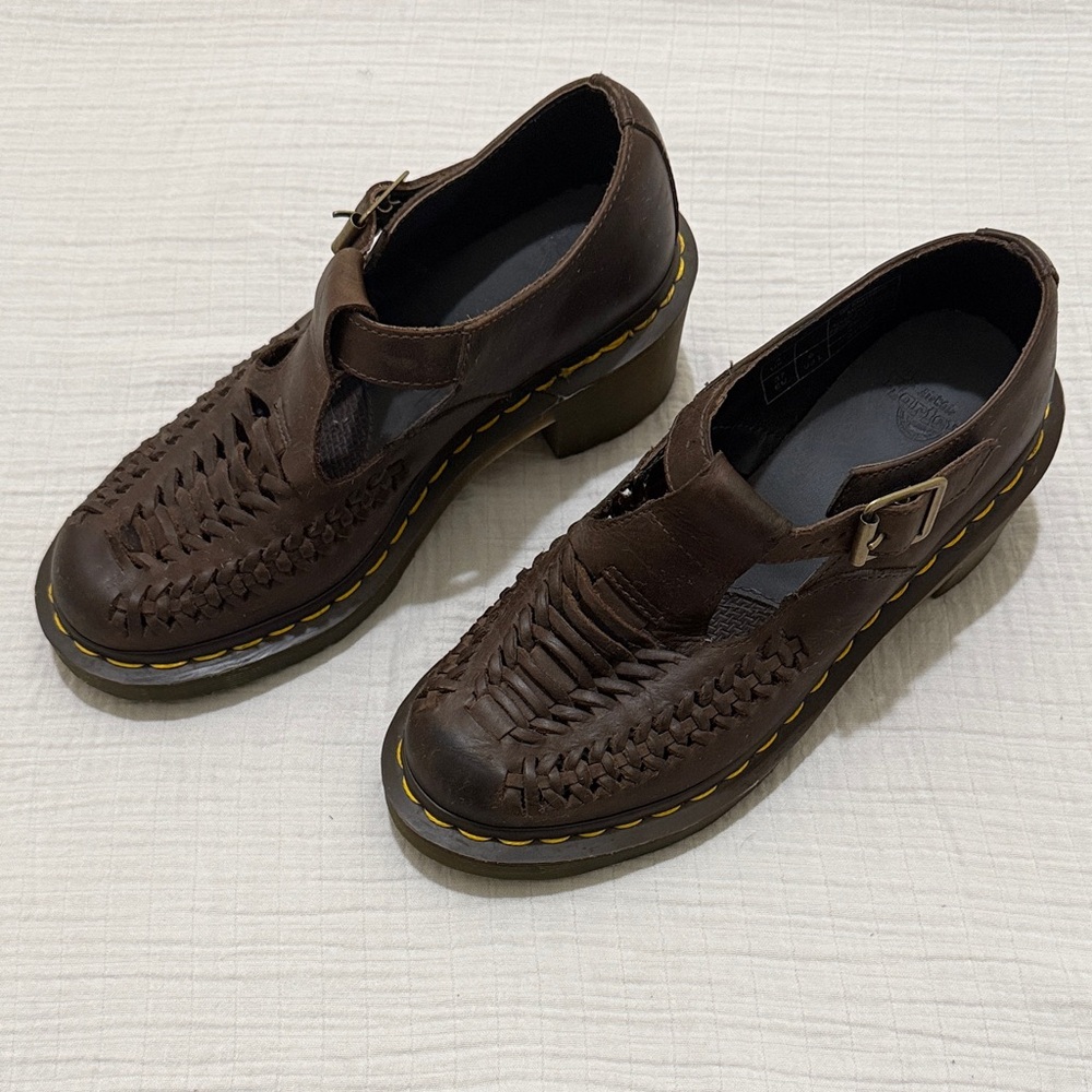Dr. Martens Mindy Woven T-Bar Mary Janes | Brown Leather | Women’s 6